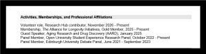 Activities, Memberships, and Professional Affiliations